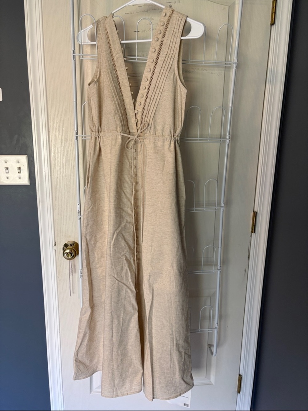Sleeveless V-Neck Linen-Blend Maxi dress in Beige